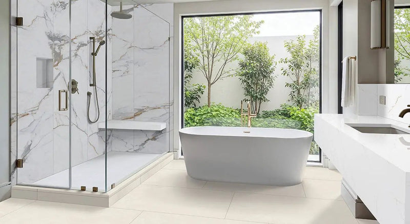 Azure Regal Calacatta Polished Porcelain Tiles 31.5x94.5 in a finished room