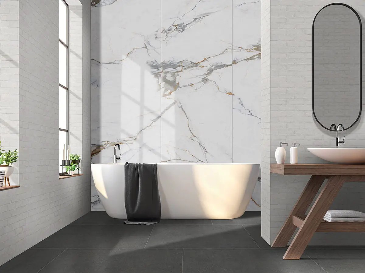 Azure Regal Calacatta Polished Porcelain Tiles 31.5x71 in a finished room