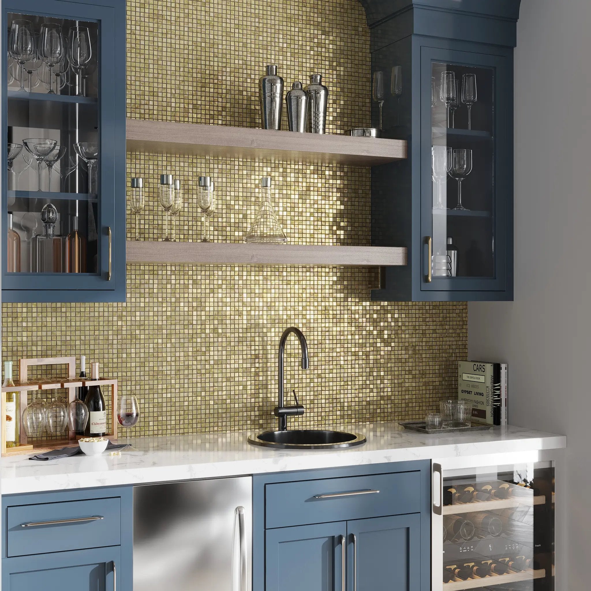 Satin Sheen Gold 12x12 Glossy Uniform Square Glass Mosaic Tile (20 pack, 18.69 sq ft/case) by Apollo Tile