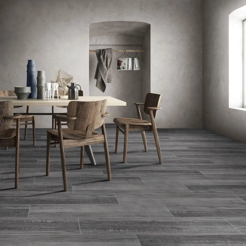 Belmond Mercury Matte Ceramic Tiles 8x40 in a finished room