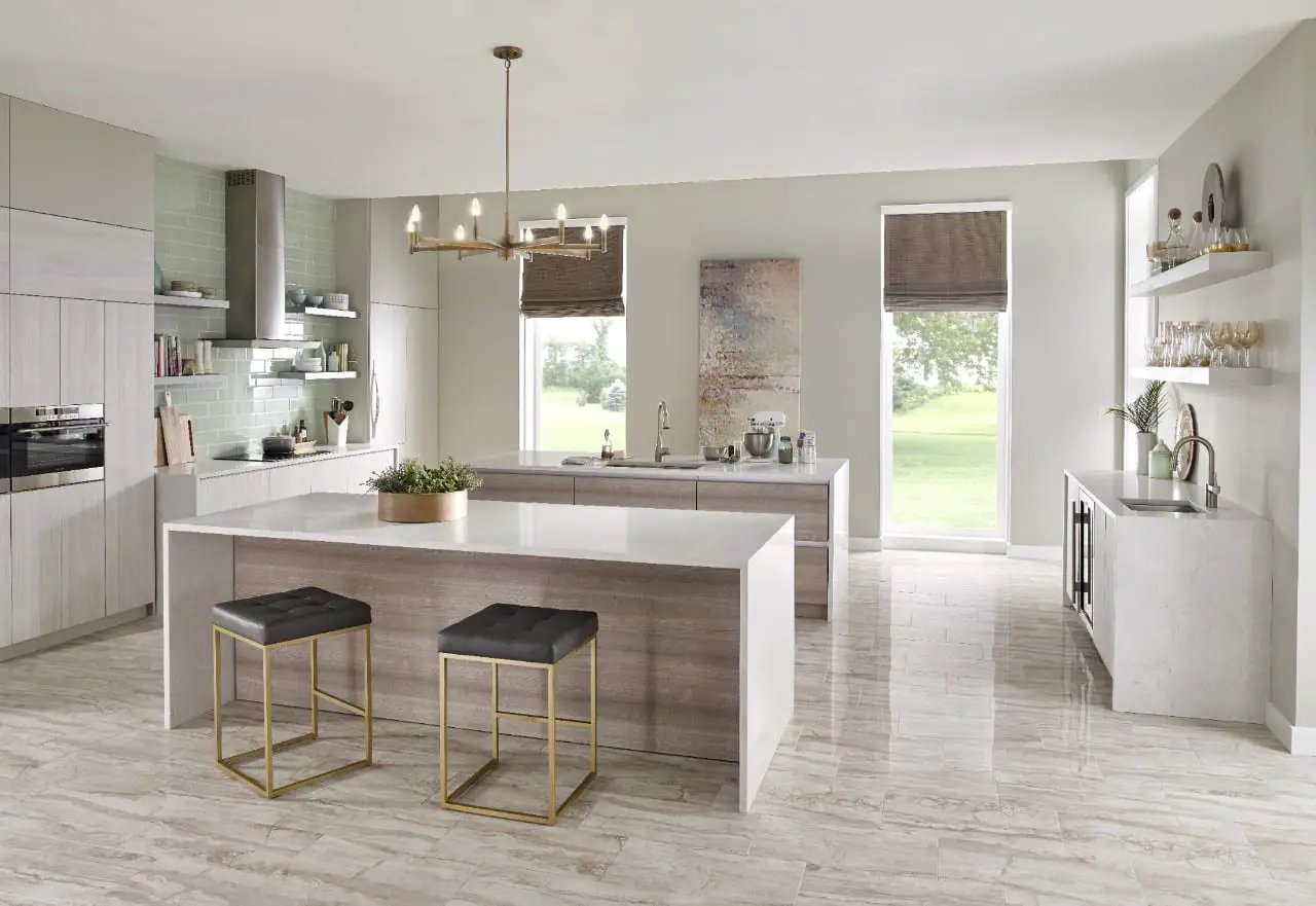 Bernini Bianco Polished Travertine Look Porcelain Tiles 12x24 in a finished room