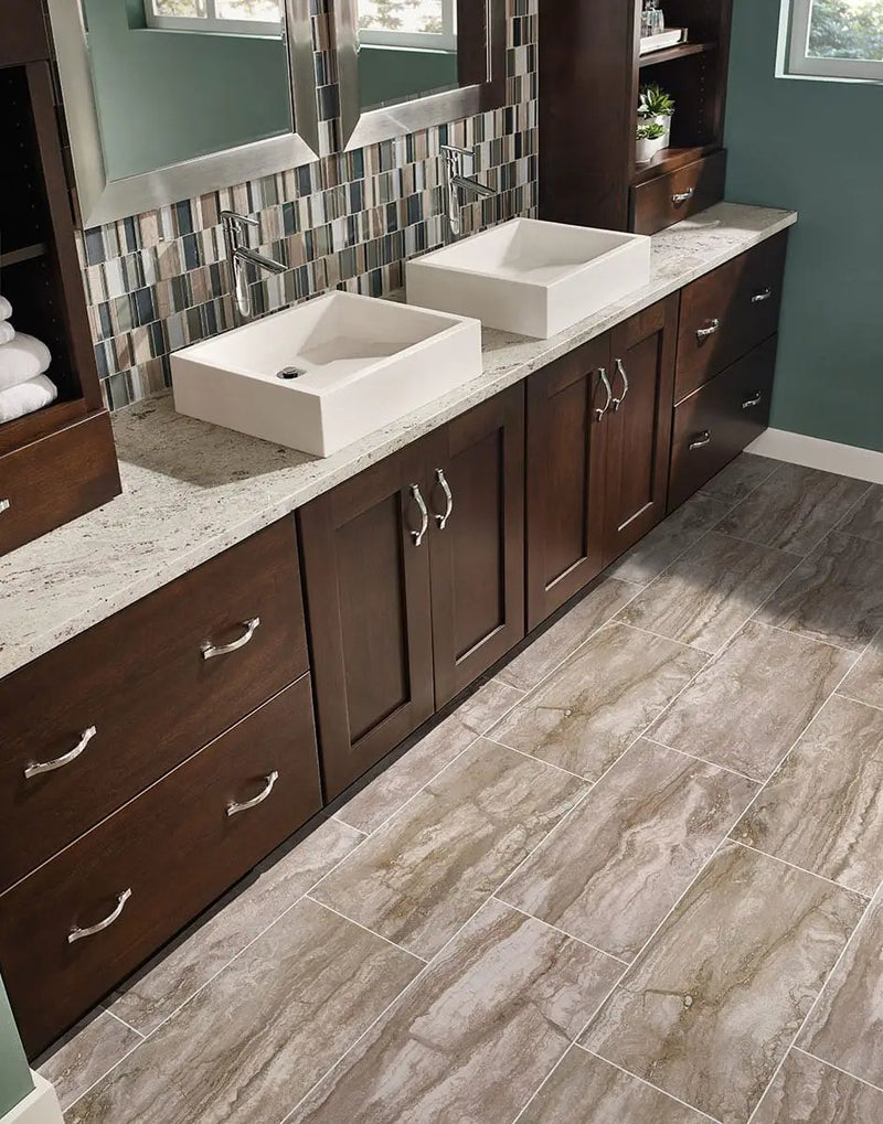 Bernini Camo Matte Travertine Look Porcelain Mosaics 2x2 in a finished room