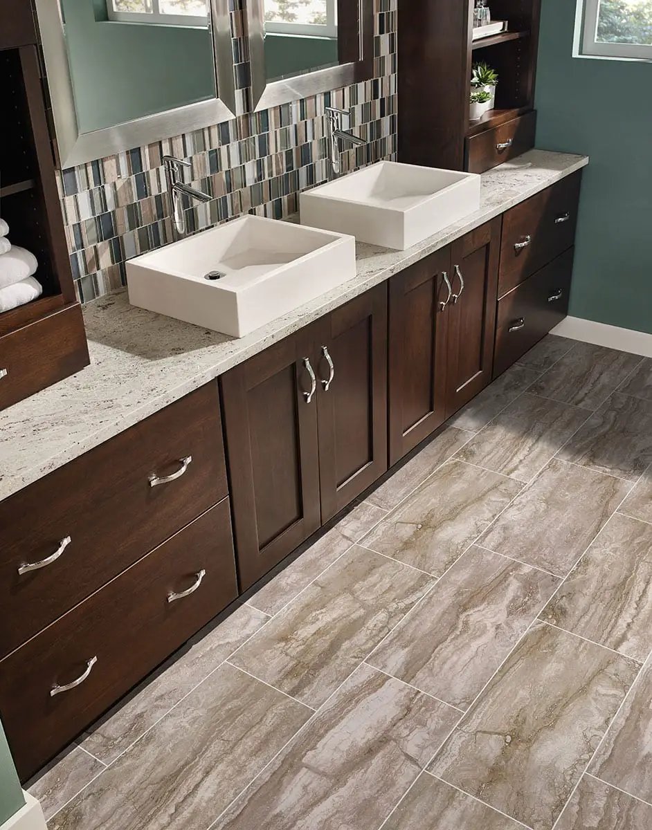 Bernini Camo Polished Travertine Look Porcelain Mosaics 2x4 in a finished room