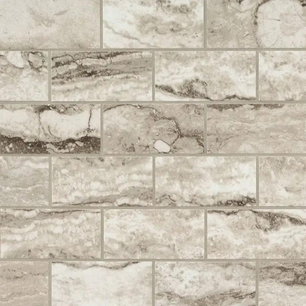 Bernini Camo Polished Travertine Look Porcelain Mosaics 2x4