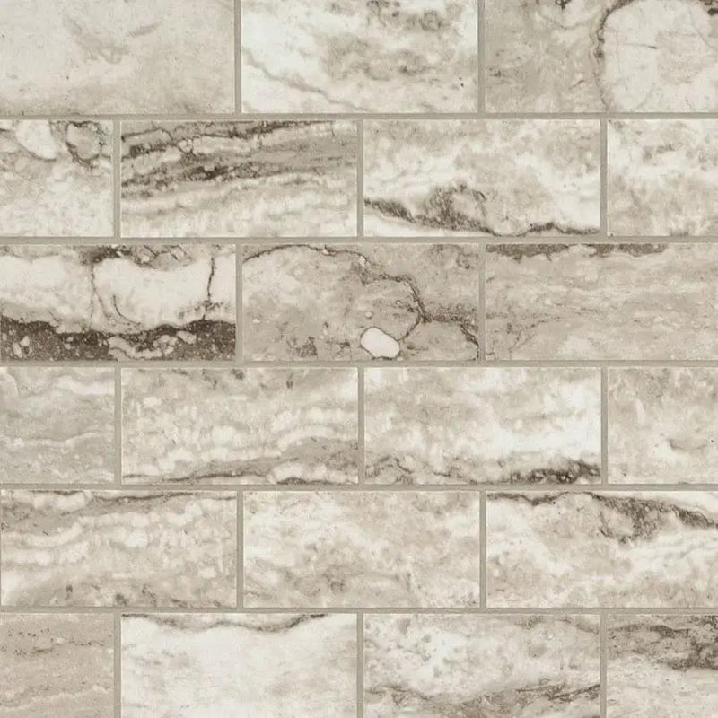 Bernini Camo Polished Travertine Look Porcelain Mosaics 2x4 close up