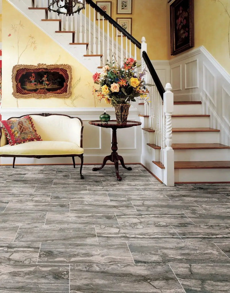 Bernini Carbone Matte Travertine Look Porcelain Mosaics 2x2 in a finished room
