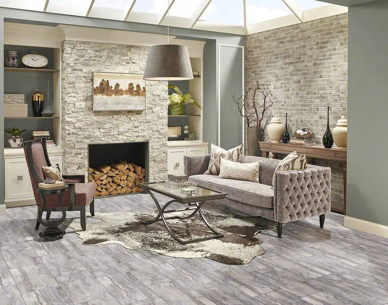 Bernini Carbone Polished Bullnose Travertine Look Porcelain Moldings 3x18 in a finished room