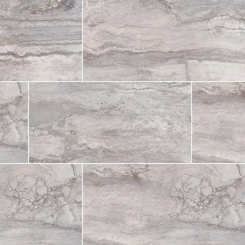 Bernini Carbone Polished Travertine Look Porcelain Tiles 12x24 close up