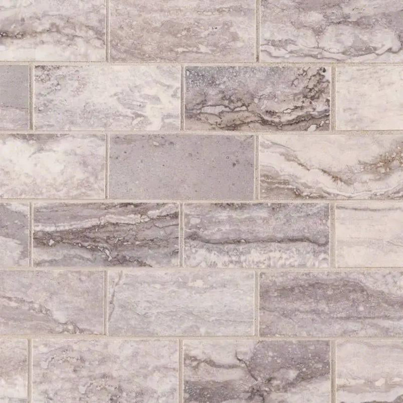 Bernini Carbone Polished Travertine Look Porcelain Mosaics 2x4 close up