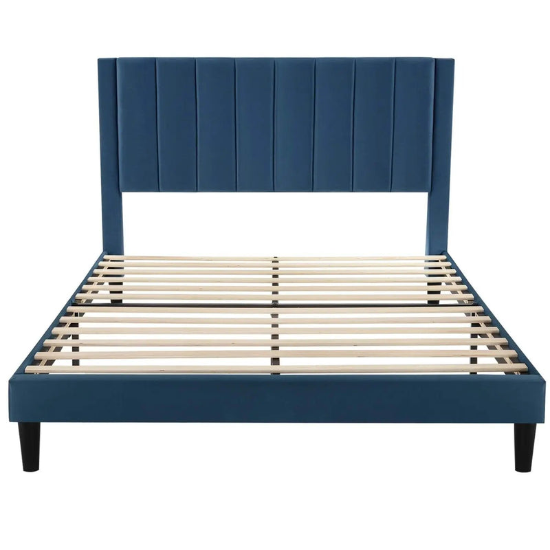 Full size Modern Navy Blue Velvet Upholstered Platform Bed with Headboard by HomePacific
