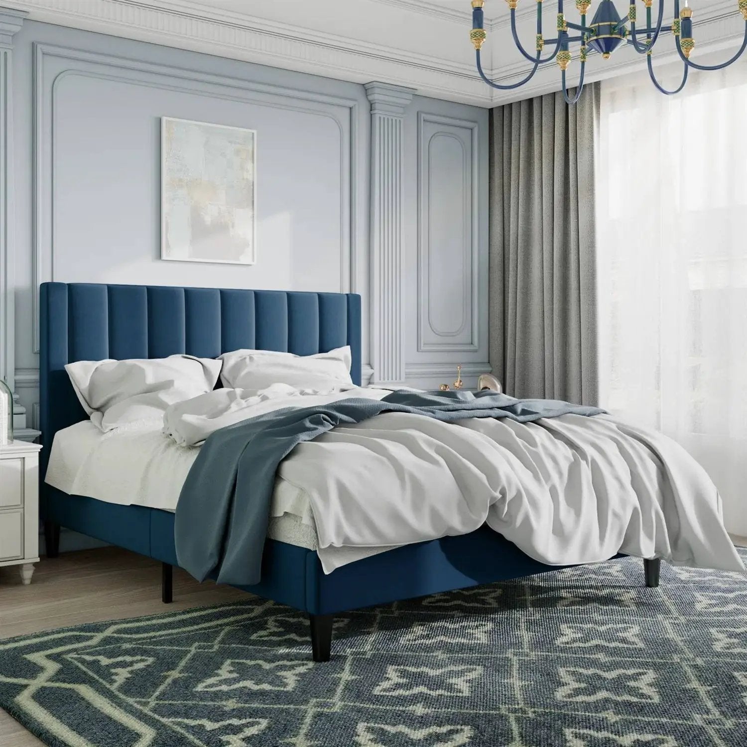 Full size Modern Navy Blue Velvet Upholstered Platform Bed with Headboard by HomePacific