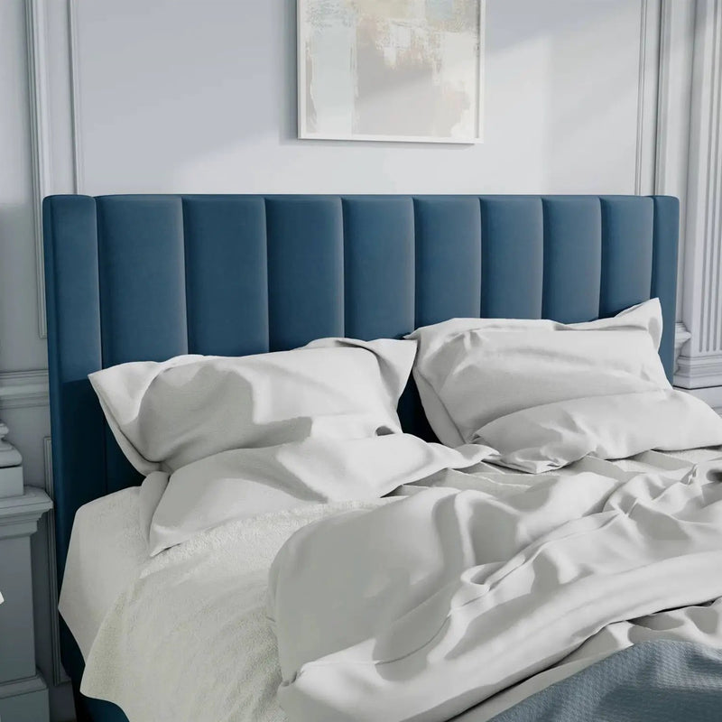 Full size Modern Navy Blue Velvet Upholstered Platform Bed with Headboard by HomePacific