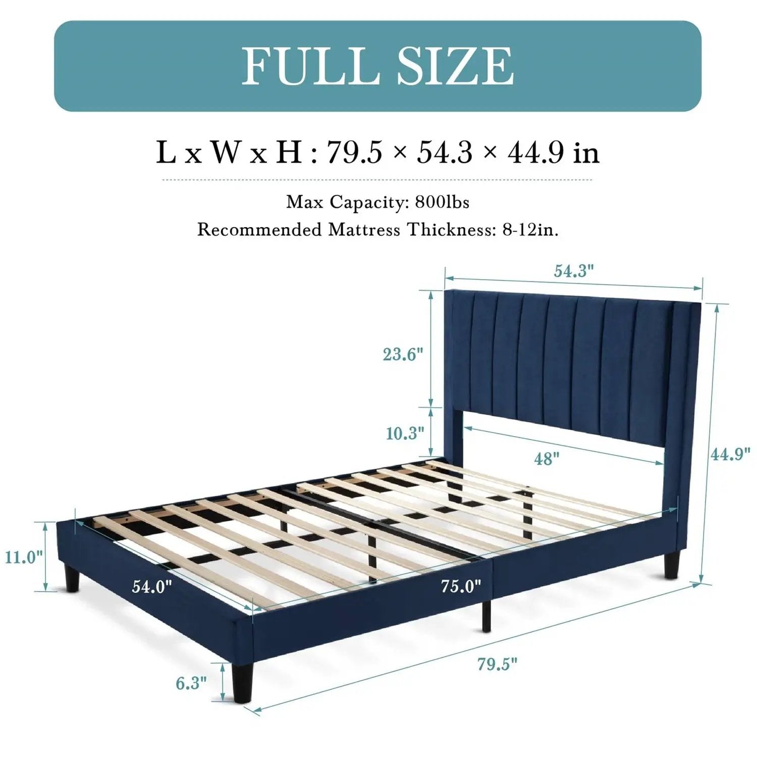 Full size Modern Navy Blue Velvet Upholstered Platform Bed with Headboard by HomePacific