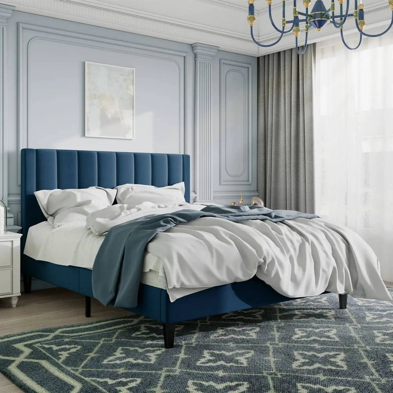 Queen size Modern Navy Blue Velvet Upholstered Platform Bed with Headboard by HomePacific
