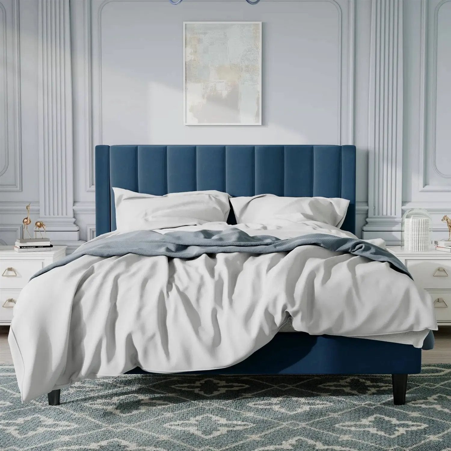 Queen size Modern Navy Blue Velvet Upholstered Platform Bed with Headboard by HomePacific