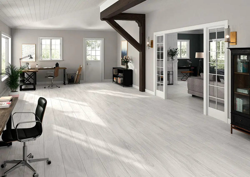 Braxton Blanca Matte Wood Look Porcelain Tiles 10x40 in a finished room