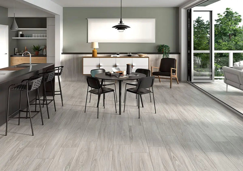 Braxton Grigia Matte Wood Look Porcelain Tiles 10x40 in a finished room