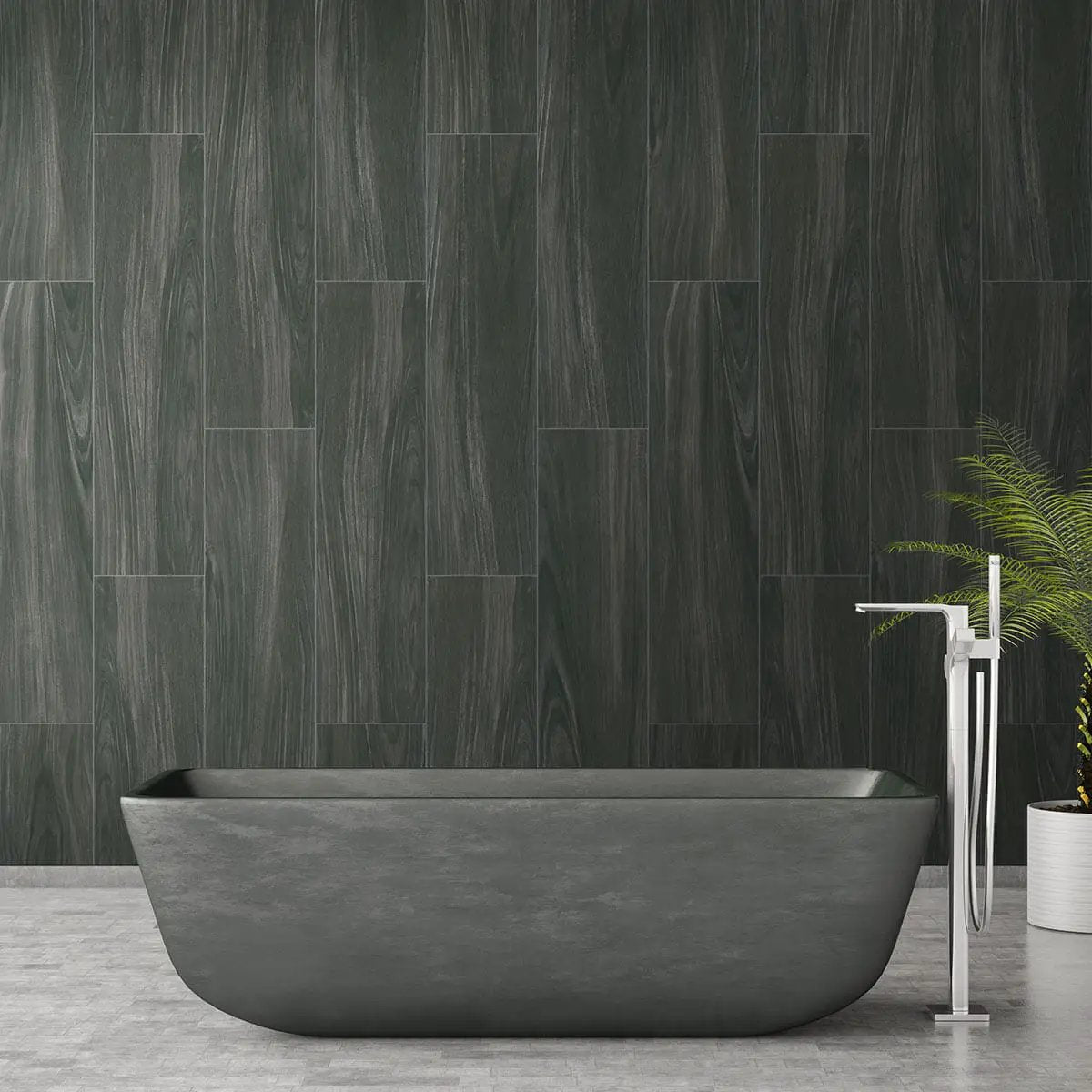 Braxton Midnight Matte Wood Look Porcelain Tiles 10x40 in a finished room