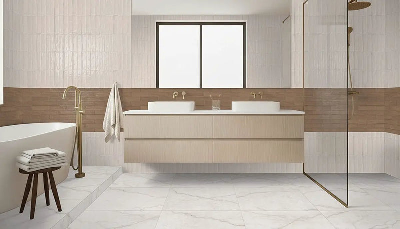 Brighton Gold Polished Porcelain Tiles 12x24 in a finished room