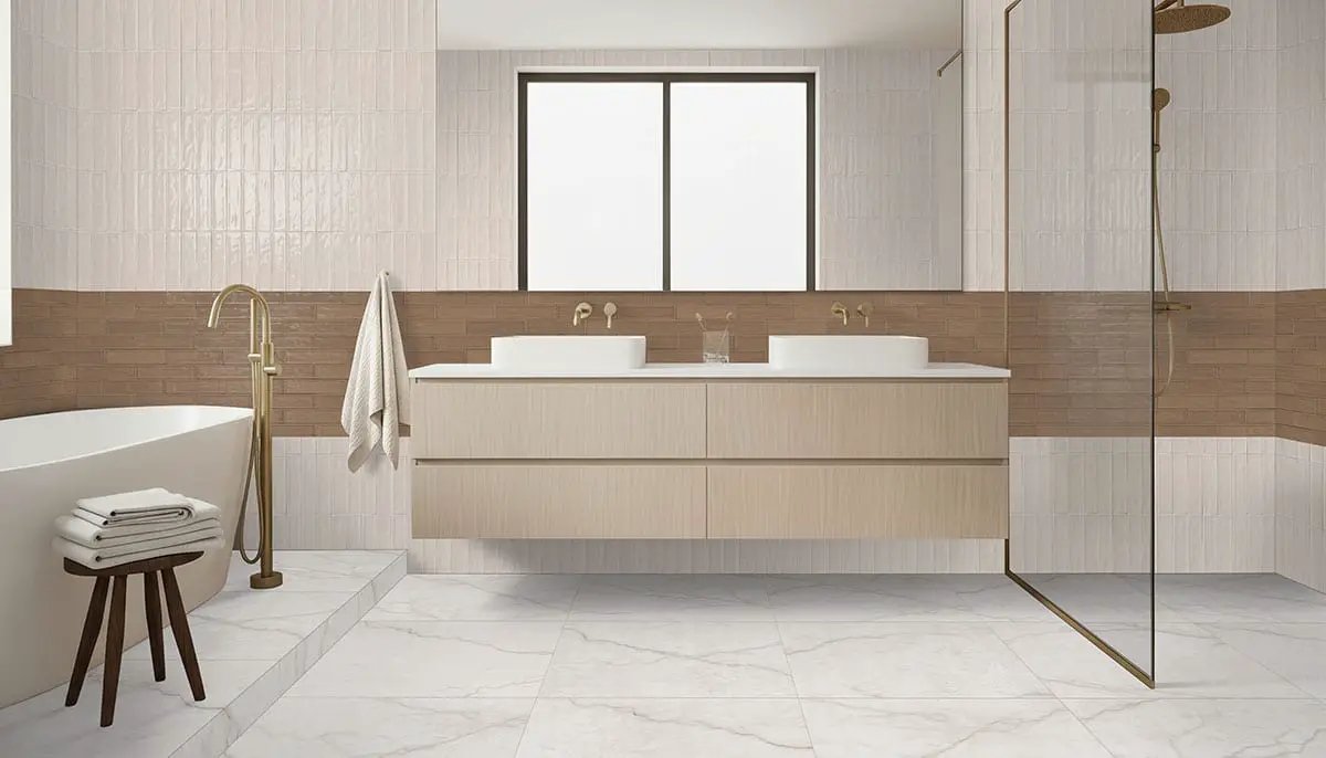 Brighton Gold Matte Porcelain Tiles 48x48 in a finished room