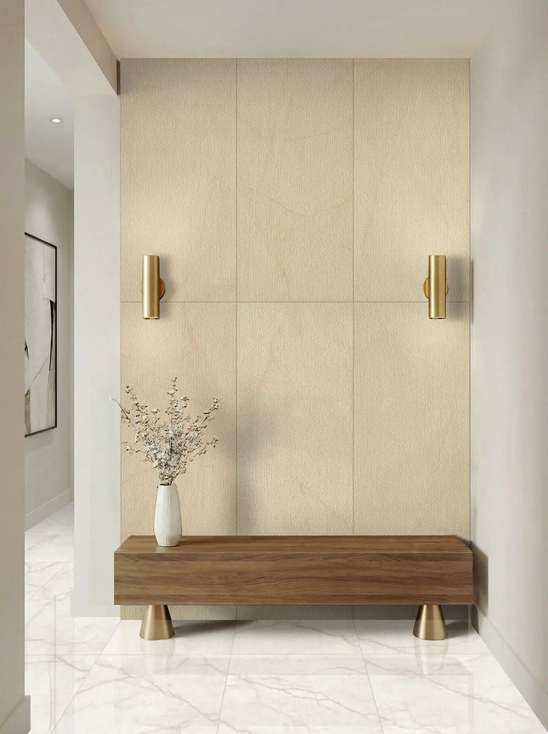 Brighton Gold Polished Porcelain Tiles 24x48 in a finished room