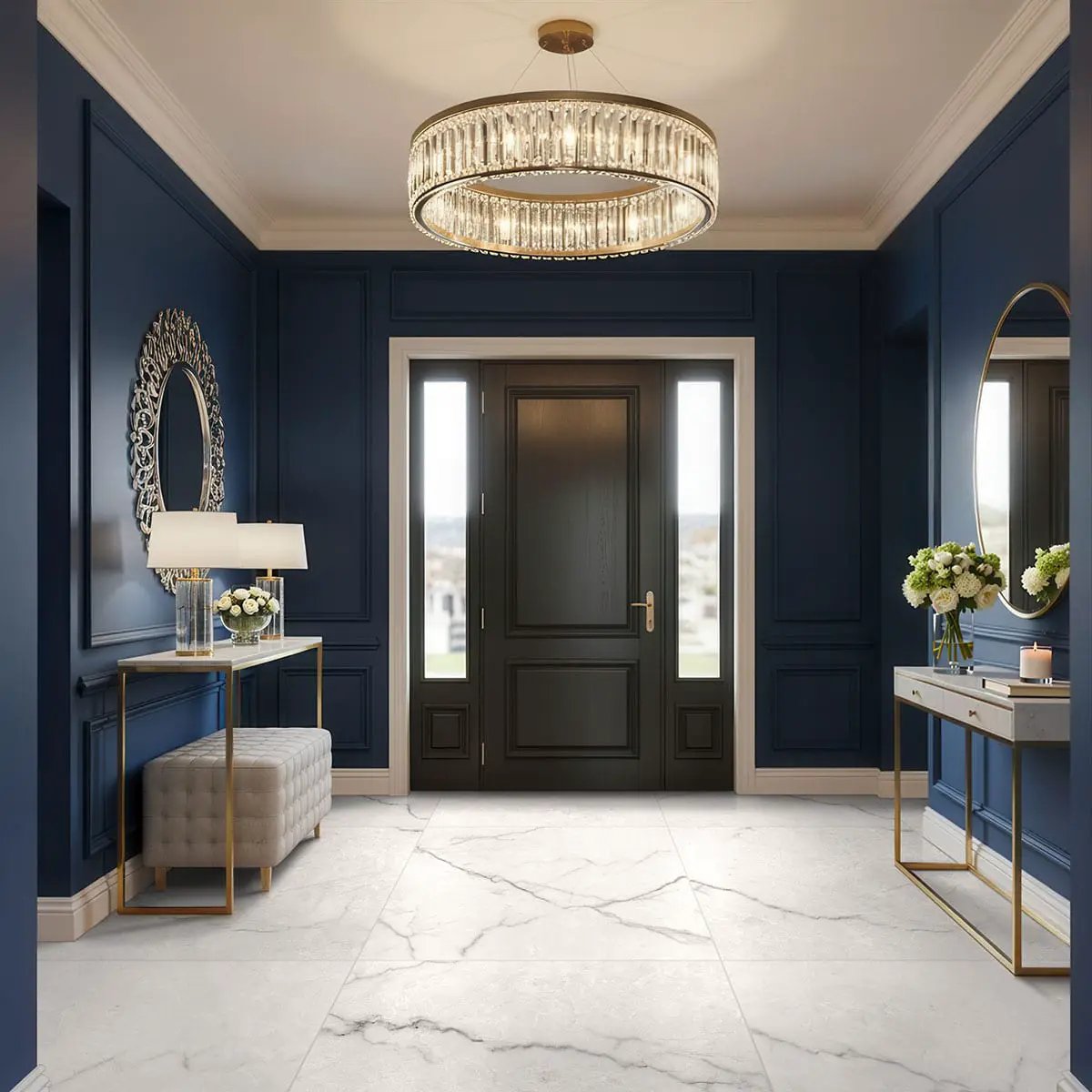 Brighton Grey Polished Porcelain Tiles 24x24 in a finished room