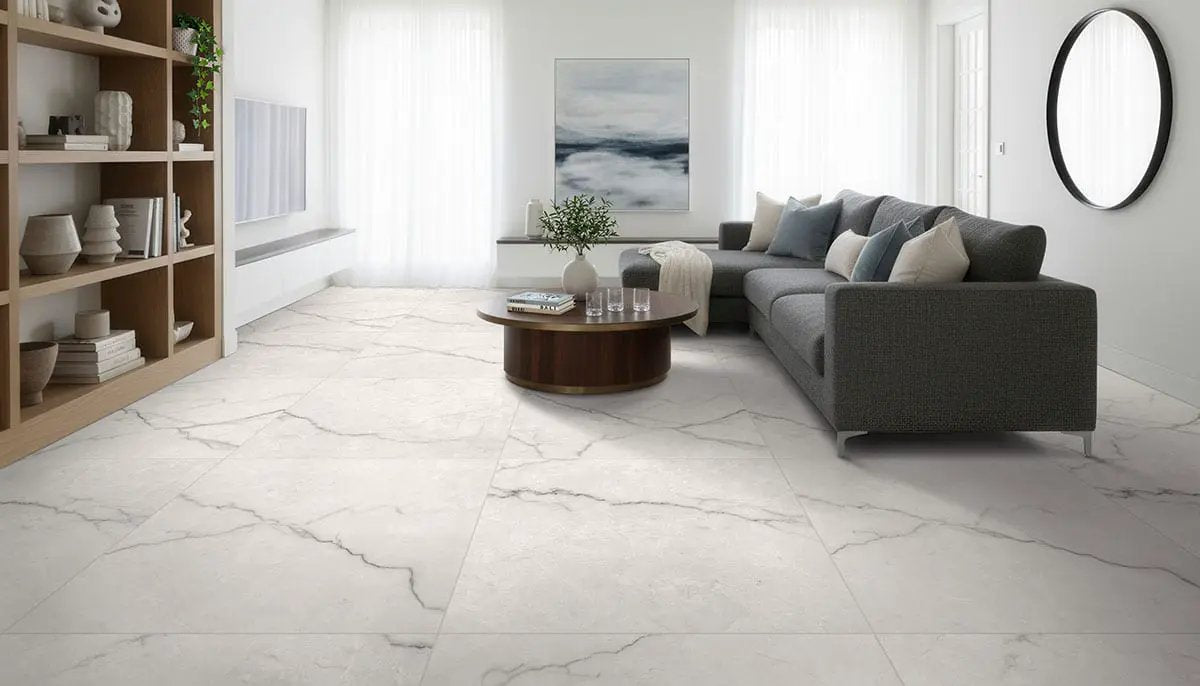 Brighton Grey Matte Porcelain Tiles 48x48 in a finished room