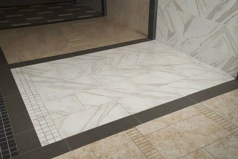 Pietra Calacatta Matte Marble Look Porcelain Tiles 24x24 in a finished room