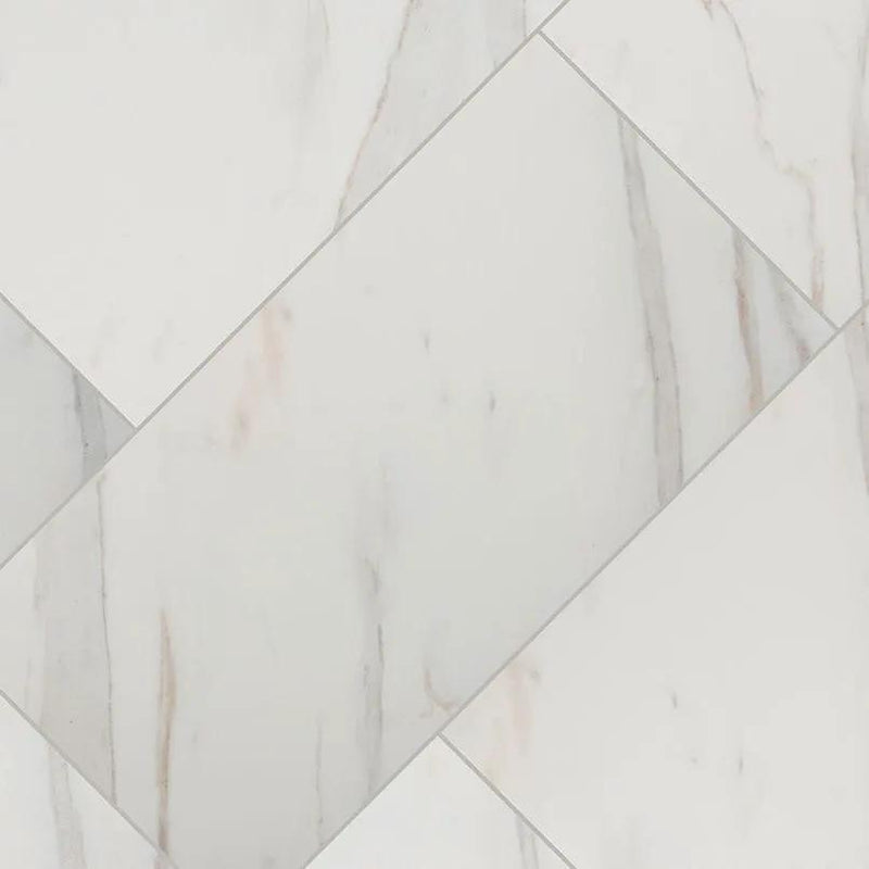 Pietra Calacatta Polished Marble Look Porcelain Mosaics 2x4 angled view