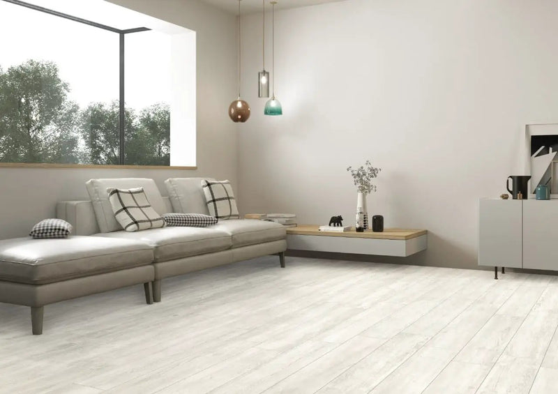 Caldera Blanca Matte Wood Look Porcelain Tiles 8x47 in a finished room