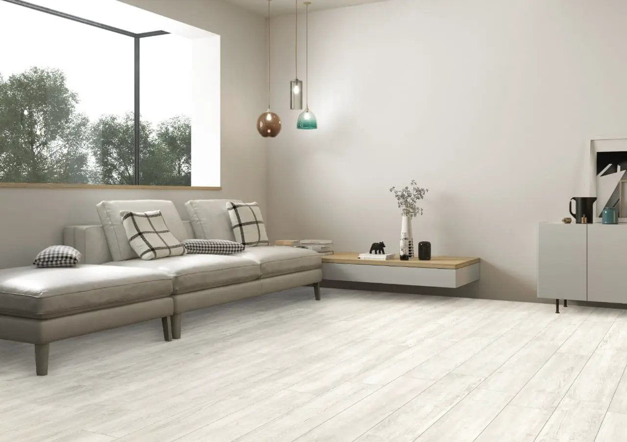 Caldera Blanca Matte Wood Look Porcelain Pavers 16x47 in a finished room