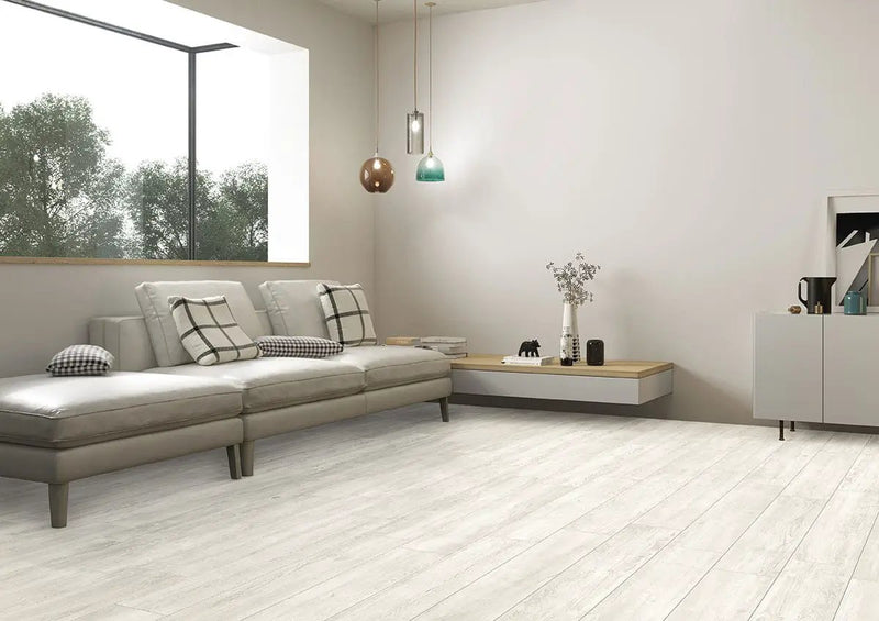 Caldera Blanca Matte Wood Look Porcelain Pool Copings 13x24 in a finished room