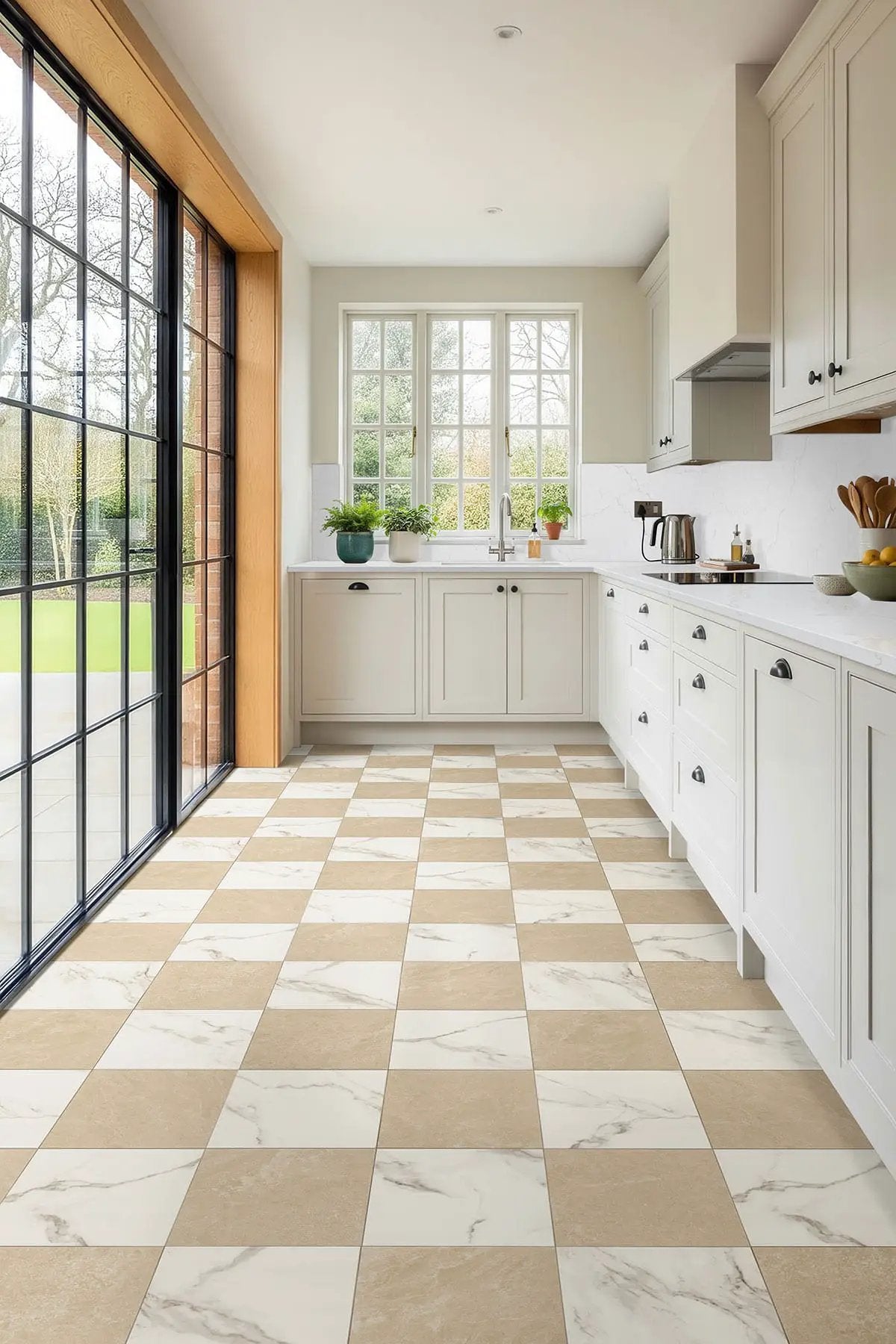 Casa Duet Calacatta Crema Checkered Matte Porcelain Tiles 24x24 in a finished room