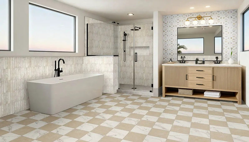 Casa Duet Calacatta Crema Checkered Matte Porcelain Tiles 24x24 in a finished room