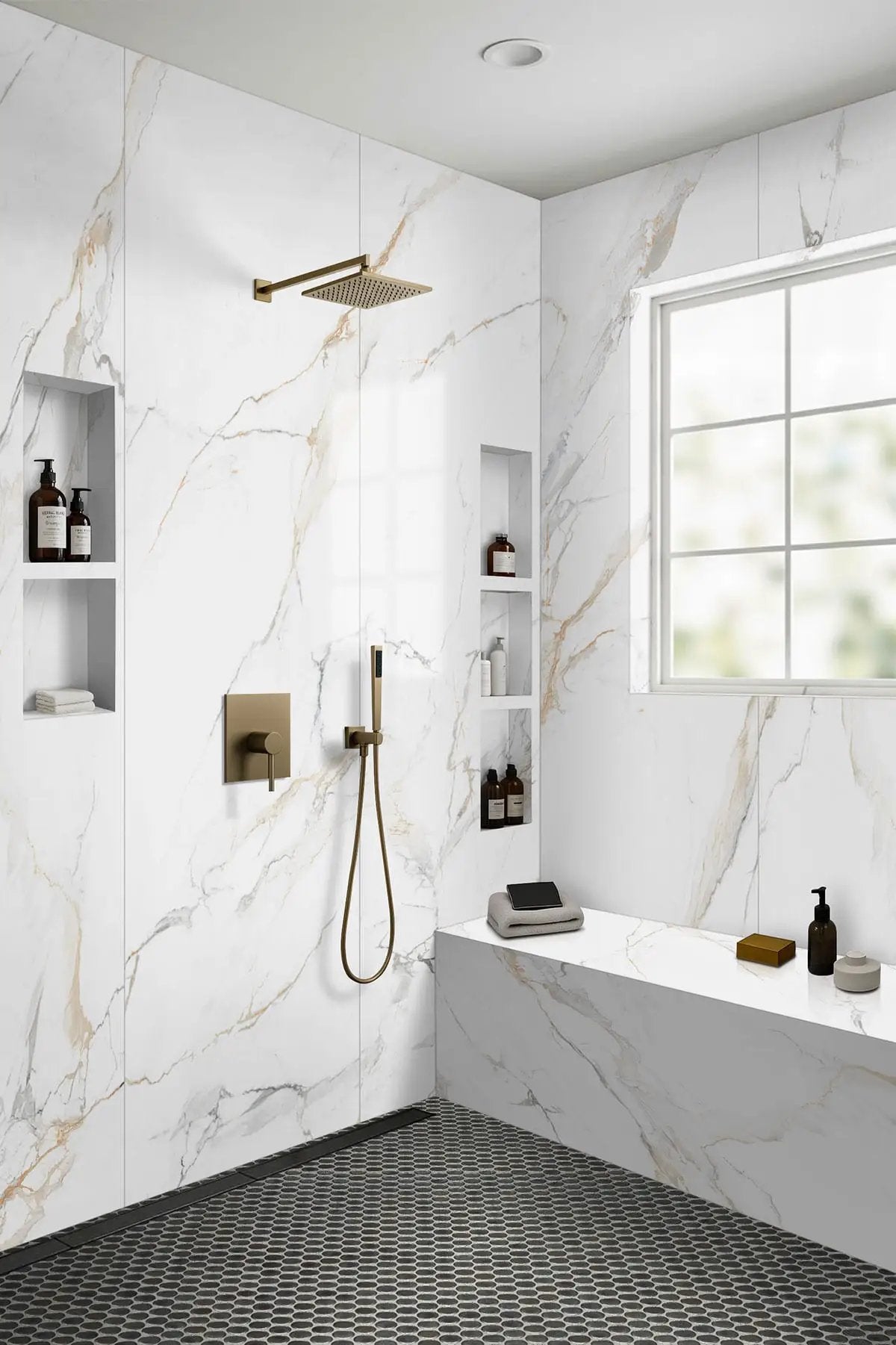 Calacatta Golden Mist Polished Porcelain Tiles 31.5x94.5 in a finished room