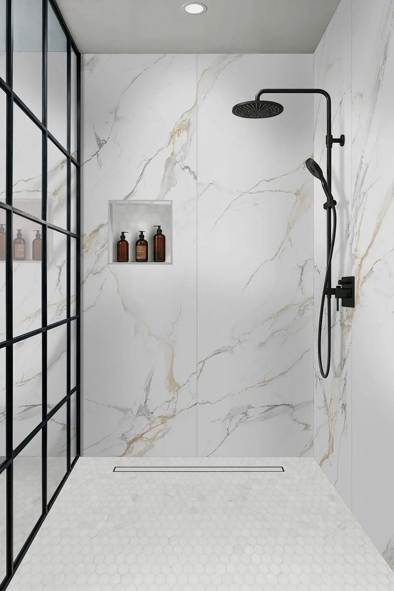 Calacatta Golden Mist Polished Porcelain Tiles 31.5x71 in a finished room