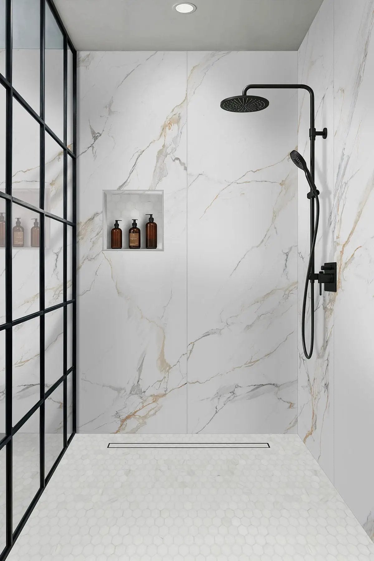 Calacatta Golden Mist Polished Porcelain Tiles 31.5x94.5 in a finished room
