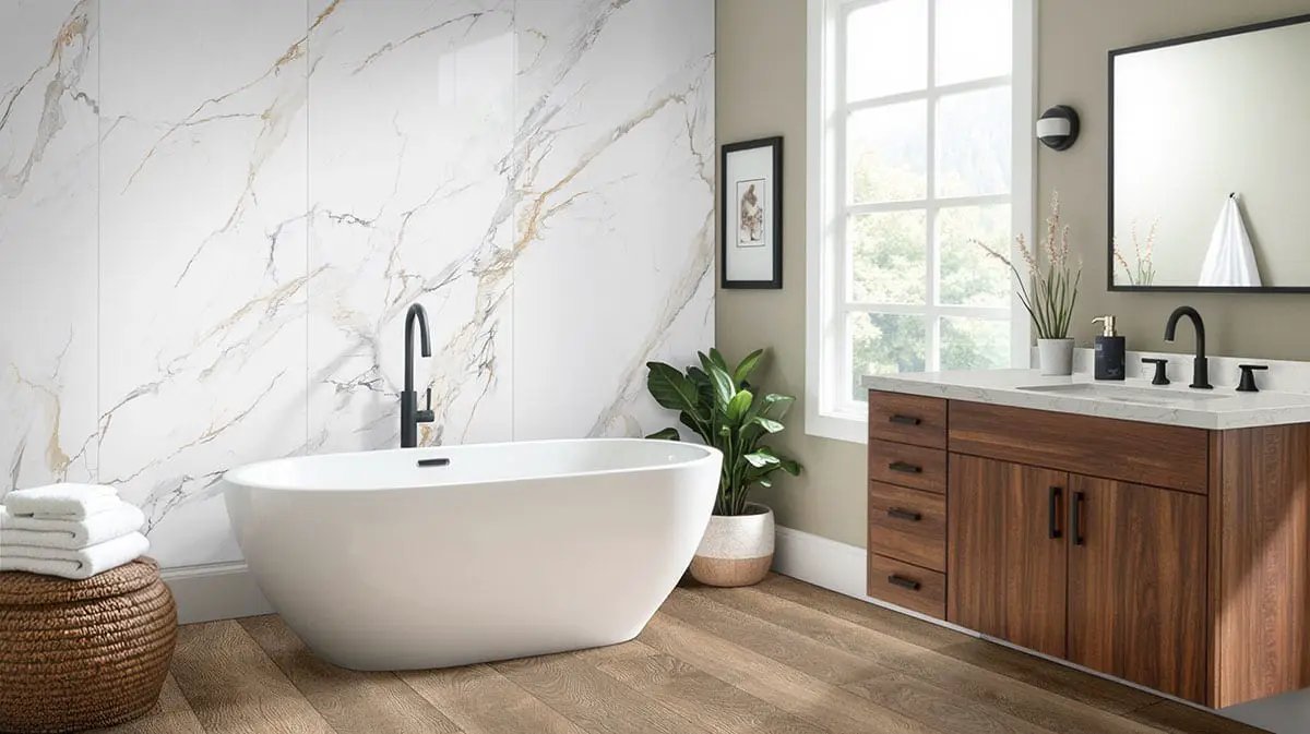 Calacatta Golden Mist Polished Porcelain Tiles 31.5x94.5 in a finished room