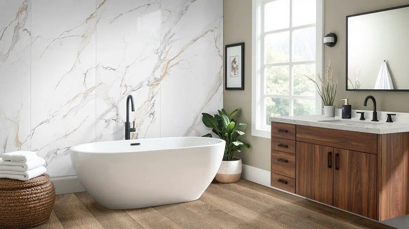 Calacatta Golden Mist Polished Porcelain Tiles 31.5x94.5 in a finished room