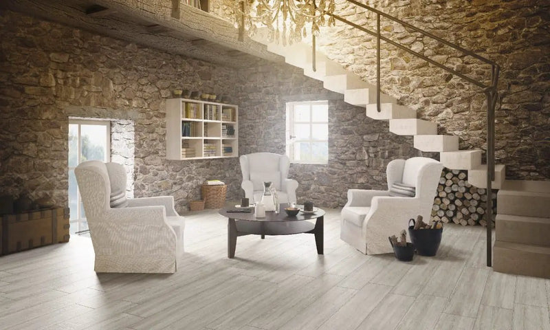 Caldera Grigia Matte Wood Look Porcelain Pool Copings 13x24 in a finished room