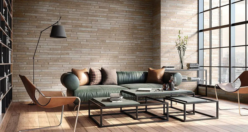 Brickstone Ivory Porcelain Tile 2x10 Matte Brick Mosaics 2x18 in a finished room