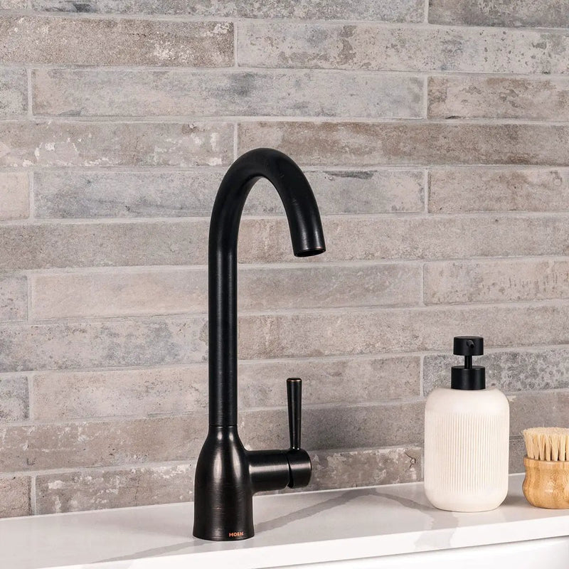 Brickstone Taupe Brick 2x18 Matte Porcelain Mosaics in a finished room