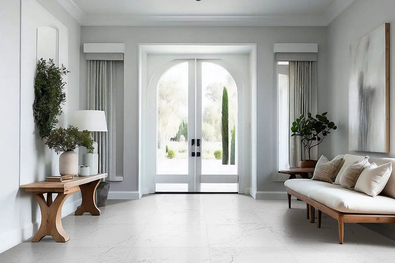 Pietra Carrara Polished Bullnose Marble Look Porcelain Moldings 3x18 in a finished room