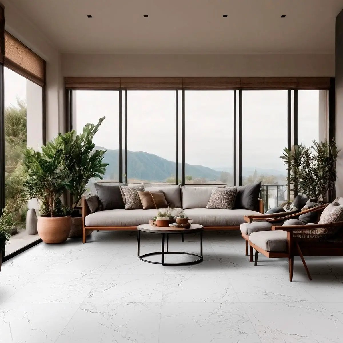 Pietra Carrara Polished Bullnose Marble Look Porcelain Moldings 3x18 in a finished room
