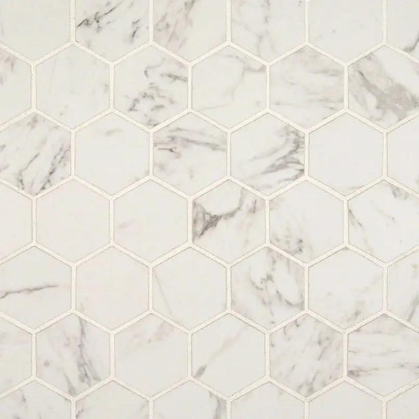 Pietra Carrara Matte Hexagon Marble Look Porcelain Mosaics 2x2