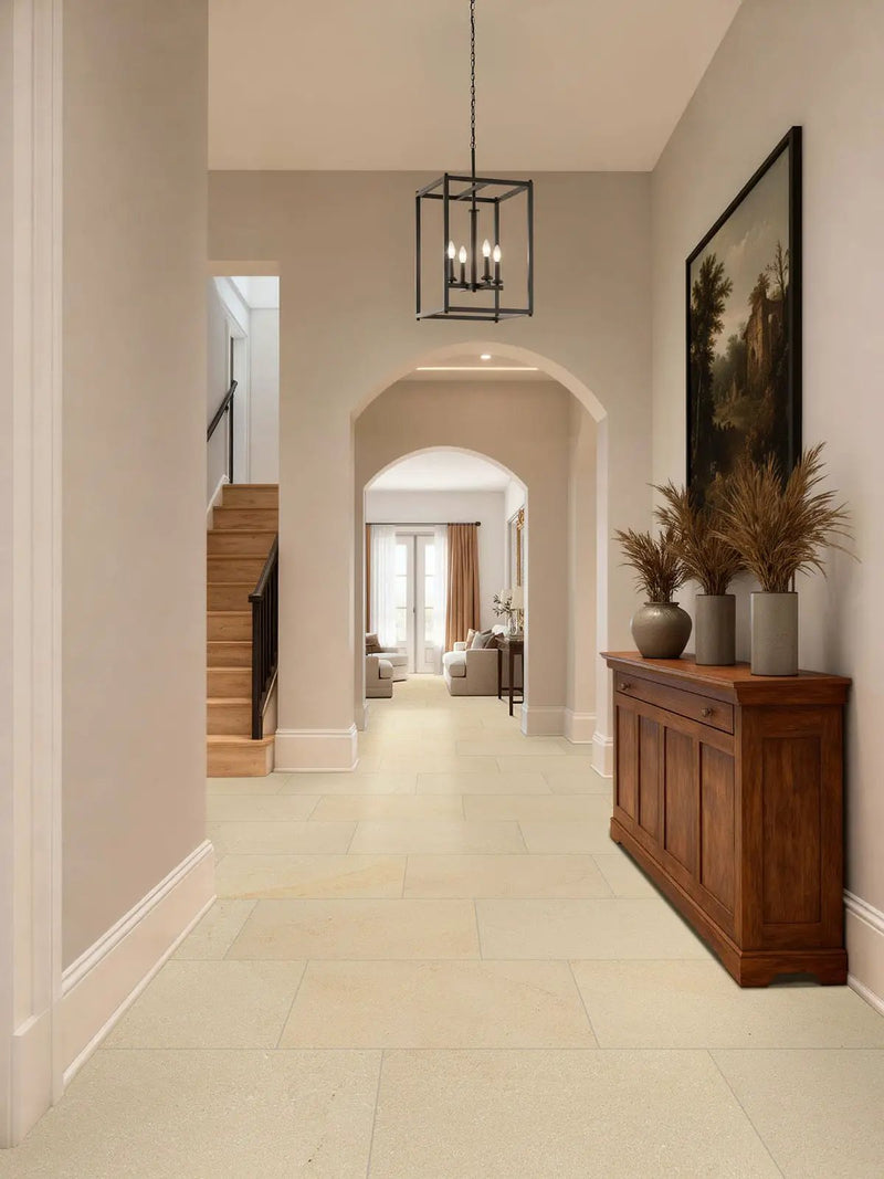 Chateau Luna Blanc Lappato Limestone Look Porcelain Tiles 24x48 in a finished room