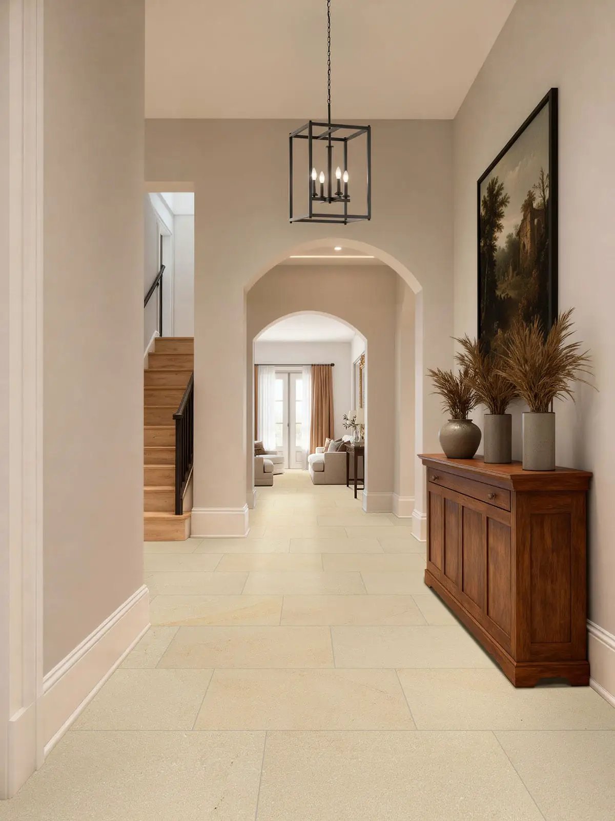 Chateau Luna Blanc Lappato Limestone Look Porcelain Mosaics 2x2 in a finished room