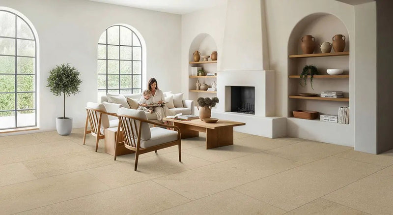 Chateau Luna Blanc Lappato Limestone Look Porcelain Tiles 24x48 in a finished room