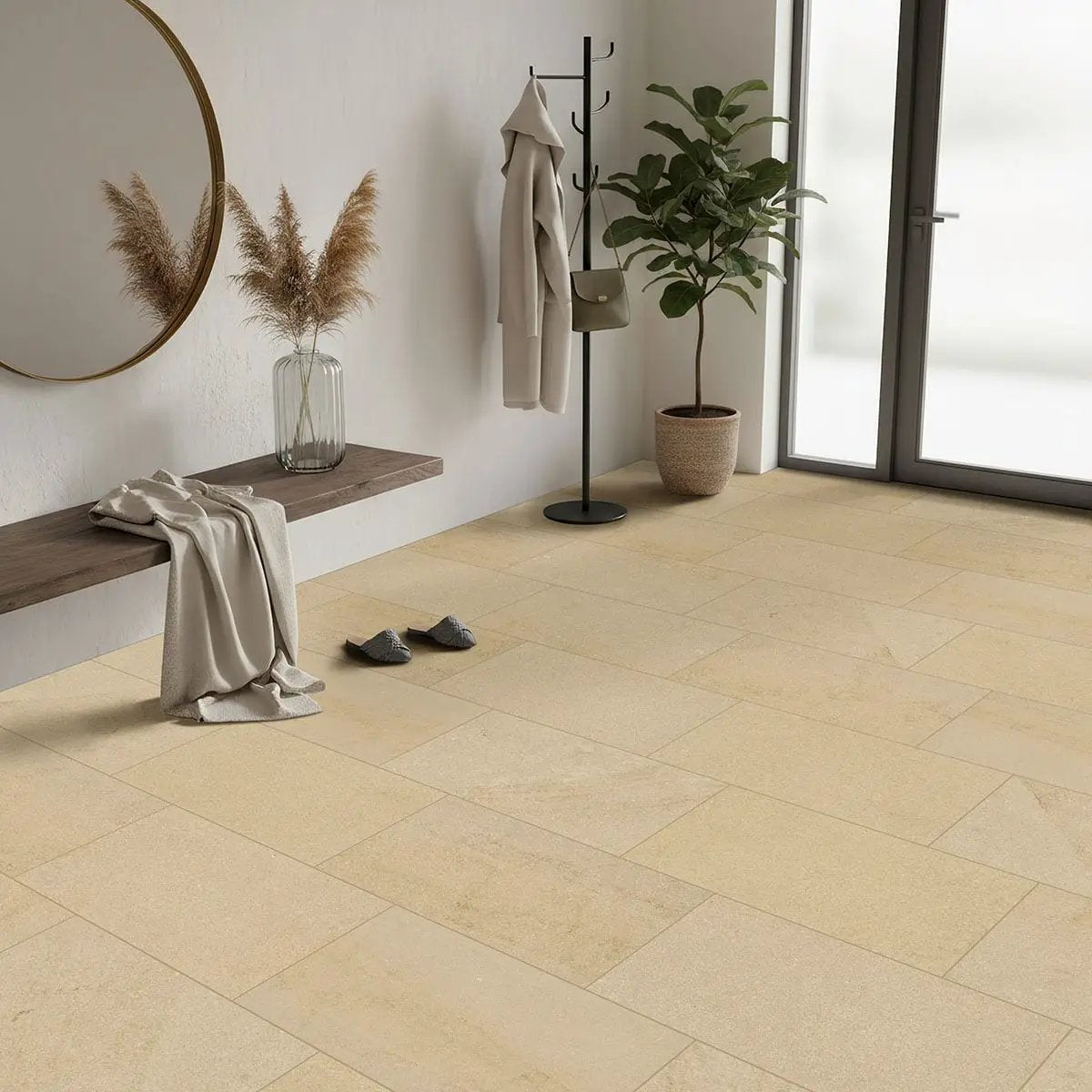 Chateau Luna Sable Lappato Limestone Look Porcelain Tiles 12x24 in a finished room