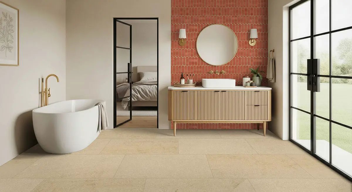 Chateau Luna Sable Lappato Limestone Look Porcelain Tiles 24x48 in a finished room
